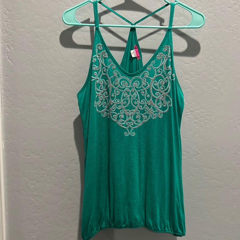 Not Forever Embellished Teal Tank Top. Size Large.